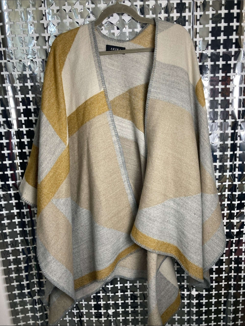 AKIRA Mustard, Beige & Gray Colorblock Open-Front Poncho